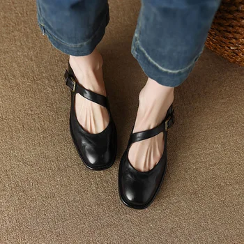 Phoentin/ туфли Мэри Джейнс на среднем каблуке в стиле ретро из натуральной кожи 2023, Осенние женские туфли-лодочки с круглым носком на мелкой подошве, мягкие, уютные, коричневый FT2862