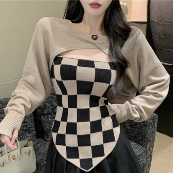 Готическая Нерегулярная Женская футболка, Вязаный Черный Пуловер + майки в шахматном порядке, Топы Y2k, Осенние Футболки В Корейском стиле