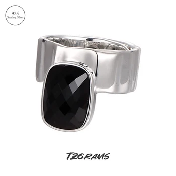 Граммы стерлингового серебра 925 пробы, кольца с черным ониксом для женщин, Геометрические простые кольца в стиле панк, Открывающийся тип, Винтажные модные ювелирные украшения