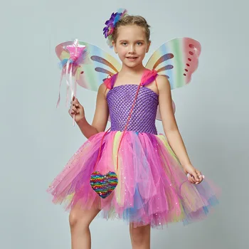 Для девочек, фея-бабочка, Нарядное платье-пачка, костюм с крыльями, Детская вечеринка по случаю дня рождения принцессы, Хэллоуин, Косплей, Детское весеннее платье из тюля