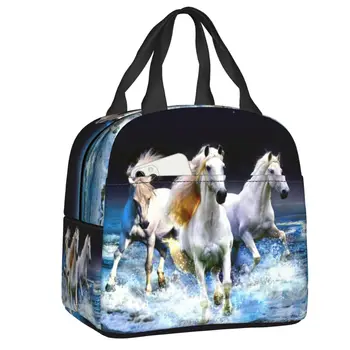 Классическая картина с изображением бегущей лошади, изолированная сумка для ланча для женщин, Сменная сумка для горячих и холодных ланчей для животных, Офисная коробка для бенто для пикника