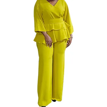 Комплект из 2 предметов, Африканская Одежда для Женщин, Лето-осень, Африканский Топ из полиэстера с V-образным вырезом и коротким рукавом, Длинные брюки, Одинаковые комплекты L-2XL