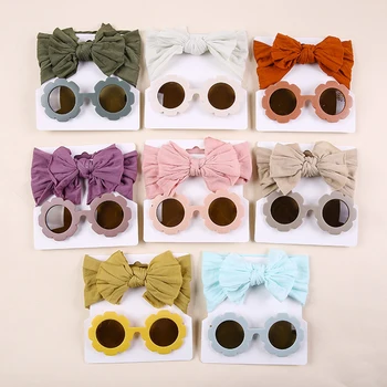 Комплект солнцезащитных очков для девочек, милые солнцезащитные очки с защитой от ультрафиолета в виде цветка и повязка на голову для фотосъемки, набор детских аксессуаров