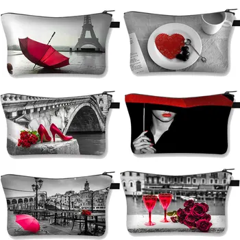 Косметичка серии Rose Embroidery Red & Black, женская дорожная косметичка, сумка для хранения большой емкости, Органайзер для косметики