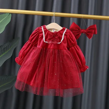 Красное рождественское платье для маленьких девочек, платье принцессы на 1-й день рождения, Зимне-осеннее детское бархатное теплое платье для девочек 24 м