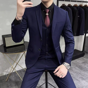 (Куртка + жилет + брюки), Новый высококачественный бренд, однотонный мужской повседневный деловой офисный официальный костюм, комплект из 3 предметов, свадебное платье жениха
