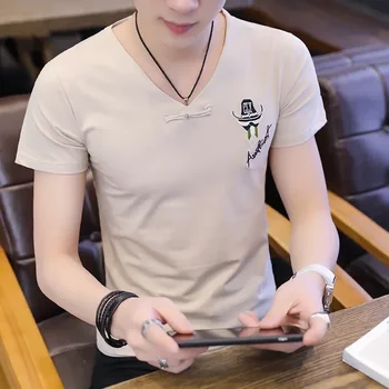 Летняя Корейская универсальная мужская футболка с V-образным вырезом и коротким рукавом 2023 года, свободная, модная, большого размера