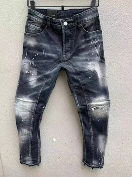 Новые мужские черные сращивания, поцарапанные, местные, со старыми дырками, рваные Модные брюки-карандаш, джинсы T155#