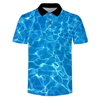 Новые рубашки поло 2023 года, модная свободная толстовка с 3D-принтом, с коротким рукавом, оверсайз, летняя уличная одежда, мужские топы Blue Ripple