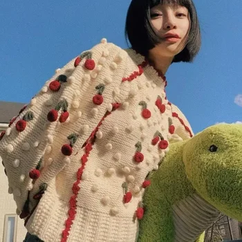Новый осенне-зимний женский пуловер ручной работы с объемным рисунком вишни, вязаный крючком.