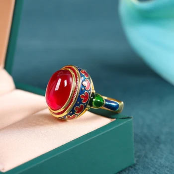 Оригинальные кольца из старинного золота с натуральным сердоликом, цветочная эмаль, национальный стиль, легкие роскошные свадебные украшения