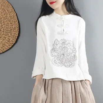 Повседневная блузка женская 2023 вышитая хлопчатобумажная блузка женская рубашка с длинным рукавом Chinoiserie ретро на пуговицах Zen tea блузка женская