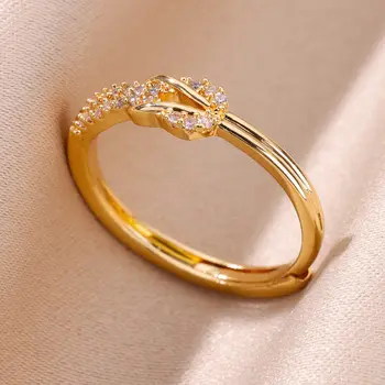 Простые женские кольца с перекрестным узлом из циркона, Регулируемое Позолоченное кольцо на палец из нержавеющей стали, Свадебные украшения, Аксессуары в подарок