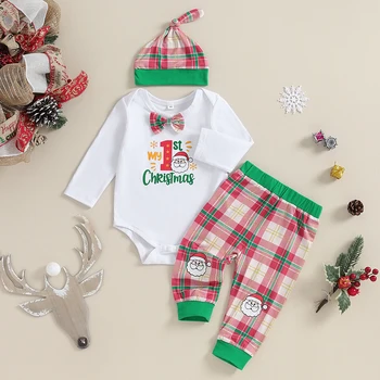 Рождественский комплект одежды из 3 предметов для новорожденного мальчика, ползунки, штаны, шапка, Комплект зимней одежды для маленьких мальчиков