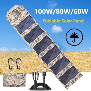 Складная Солнечная панель мощностью 100 Вт / 80 Вт / 60 Вт, Солнечное зарядное устройство USB 5 В, Портативная солнечная батарея, Наружный аккумулятор для телефона, для кемпинга, пеших прогулок + кабель