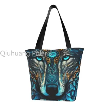 Сумка для покупок с изображением мандалы и волка, сумки для покупок с забавными животными, женская уличная сумка из полиэстера, повседневные сумки с графическим рисунком
