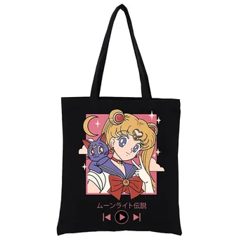 Холщовая Хозяйственная Сумка Cute Moon Girl Hand Bag Женская Сумка Totebag Funny Shopper Тканая Сумка-Тоут Модные Повседневные Сумки-Тоутки Eco Bag